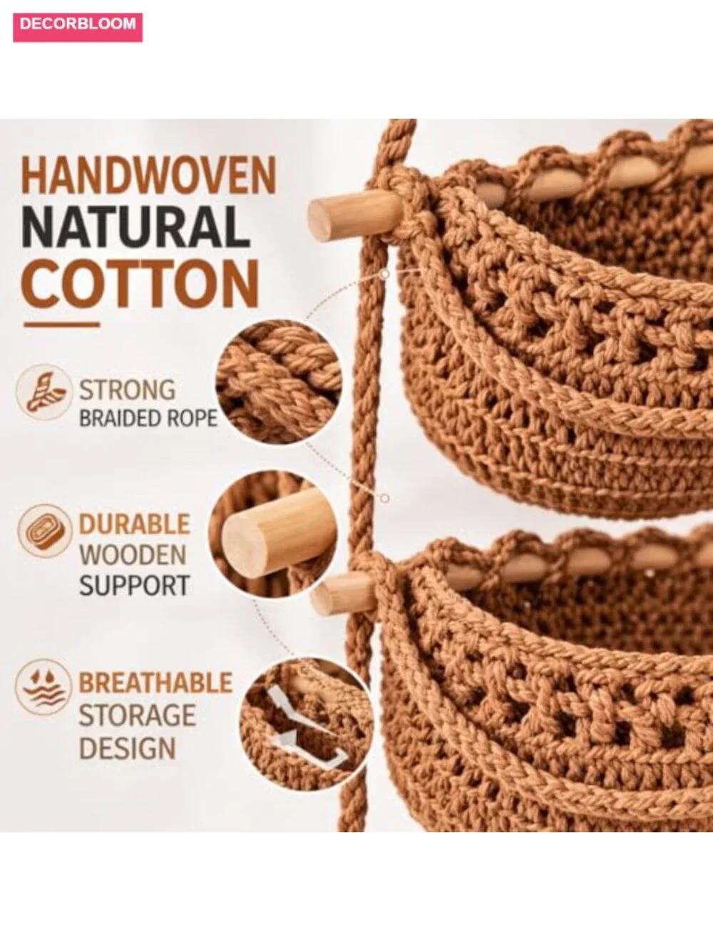 3 Tier Hanging Fruit Basket, Wall Mounted Cotton Rope Produce Storage, Boho